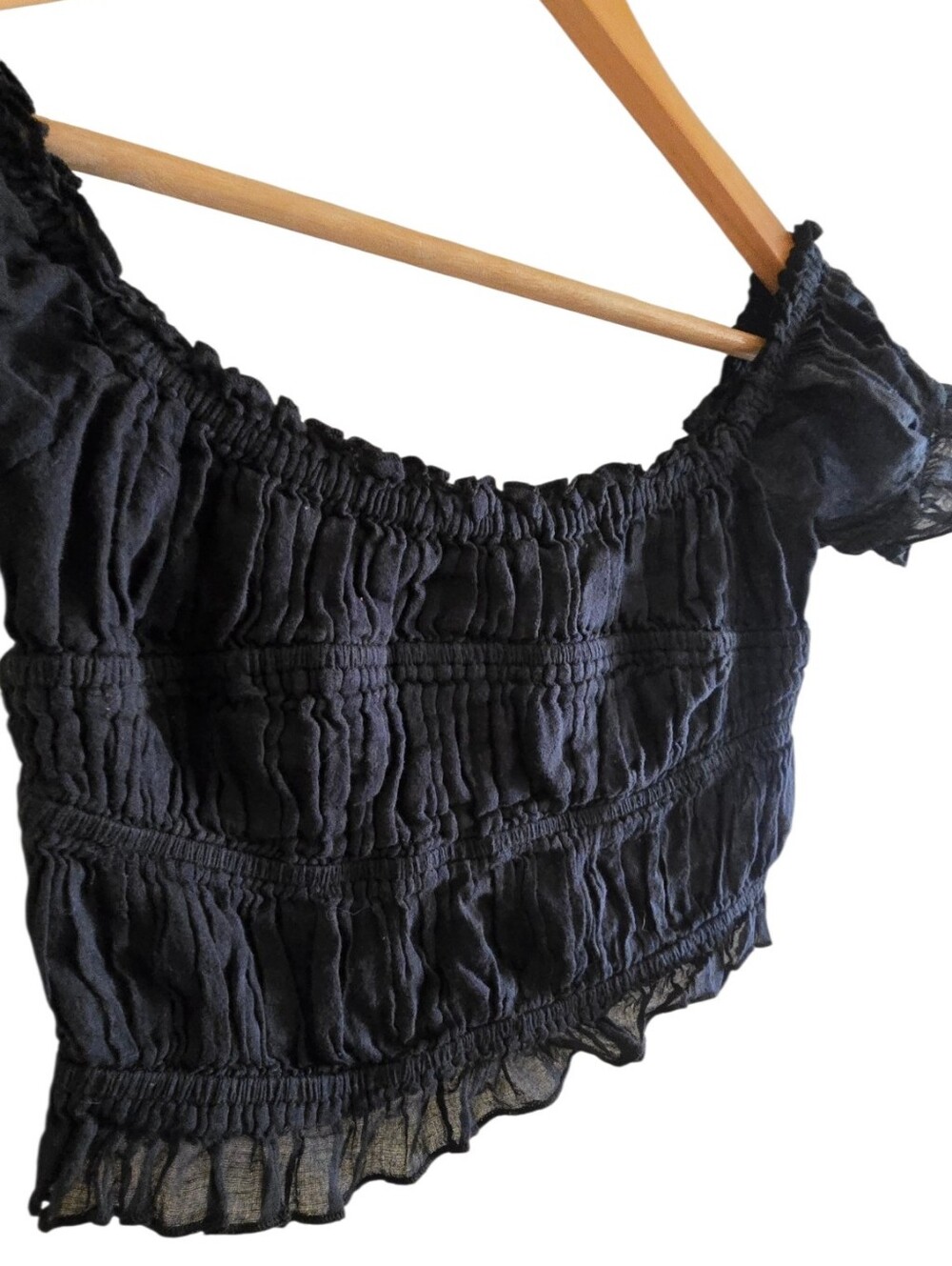 Free People FP One Black Smocked Off Shoulder Crop Top Gauze Stretch Ruffle XS - Picture 5 of 9